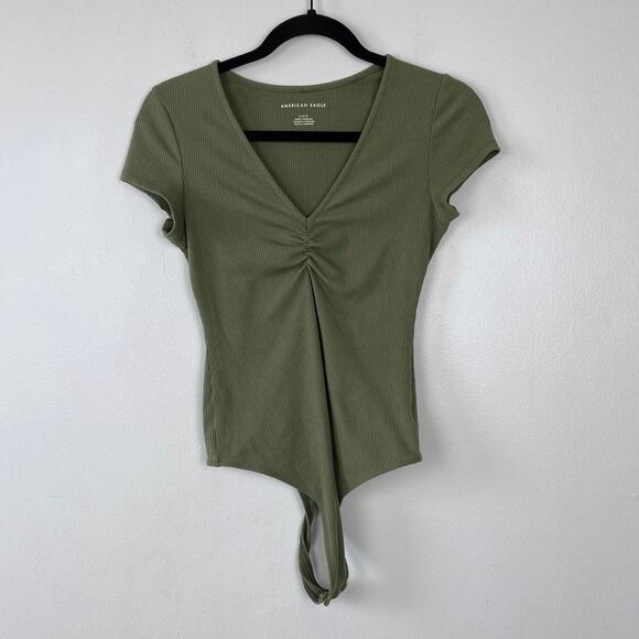 American Eagle Bodysuit Olive Green Ribbed‎ Ruched V-neck Short Sleeve Medium - Picture 1 of 9